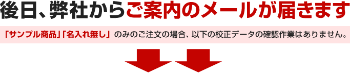 後日、弊社からご案内のメールが届きます 「サンプル商品」「名入れ無し」のみのご注文の場合、以下の校正データの確認作業はありません。